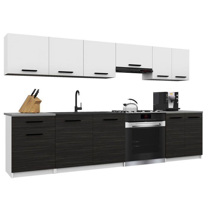 BELINI Cuisine Équipée Complète ITALIA 2 240 cm - Meubles Hauts et Bas avec Plan de Travail - Blanc Mat/Ébène