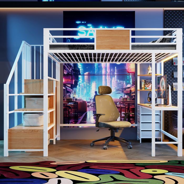 Lit mezzanine 140x200 cm avec bureau rangements penderie et LED avec prise en métal blanc