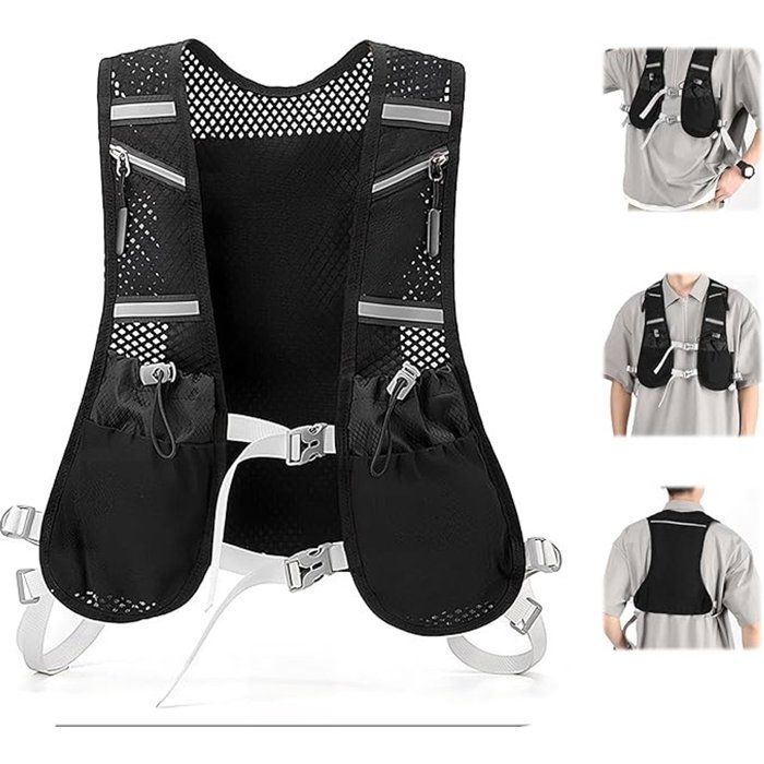 Gilet D’hydratation Running Ajustable Unisexe Ultra Léger Poches Multi Rangement Bandes Réfléchissantes Trail Marathon Vélo