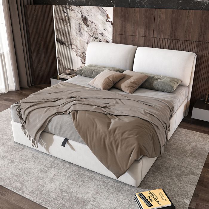 Lit rembourré avec rangement - 160x200 cm - Velours beige - Trois tiroirs - Coffre de rangement hydraulique