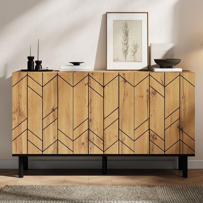 Buffet Moderne 120x35x70cm avec 3 portes Pieds en Métal Aspect Ondulé Meuble de Rangement Polyvalent pour Salon Couleur Bois Naturel