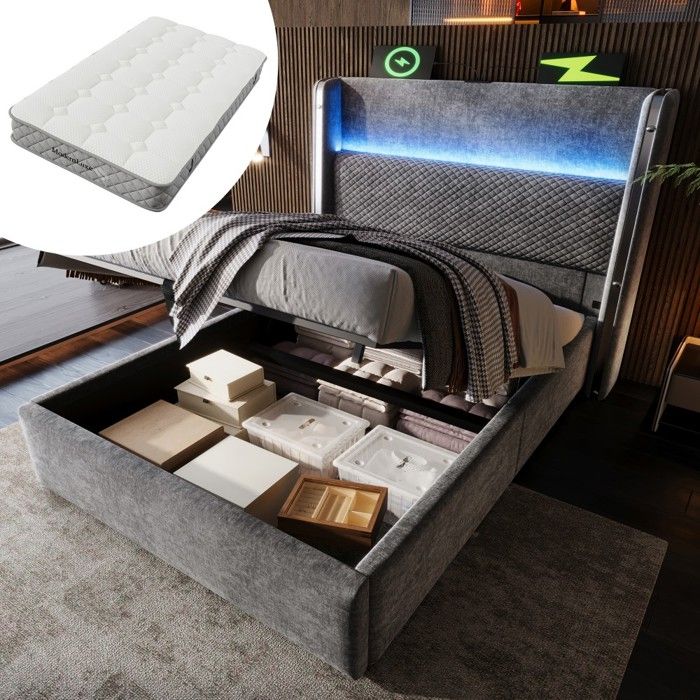 Lit simple hydraulique 90x200 gris lin haute tête de lit LED coffre rangement ports USB/Type-C design moderne Avec Matelas Lit simple hydraulique 90x200 gris lin haute tête de lit LED coffre rangement ports USB/Type-C design moderne Avec Matelas