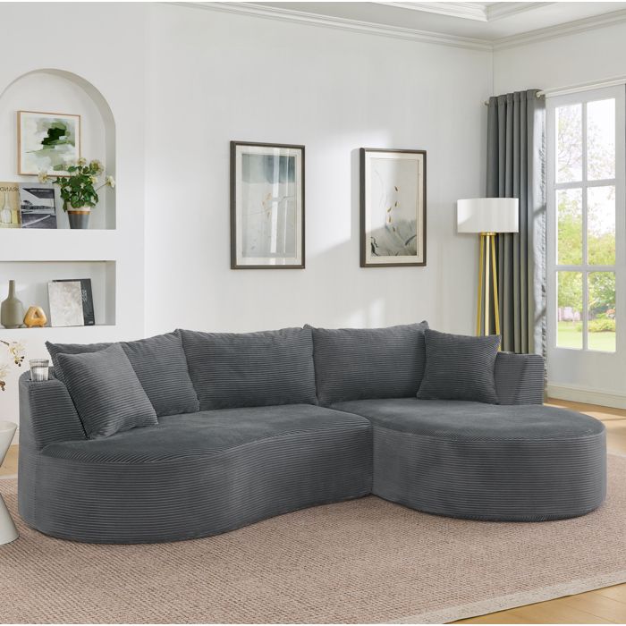 Ensemble canapé méridienne droite + 2 places design courbé velours côtelé porte-gobelet coussins gris sous vide