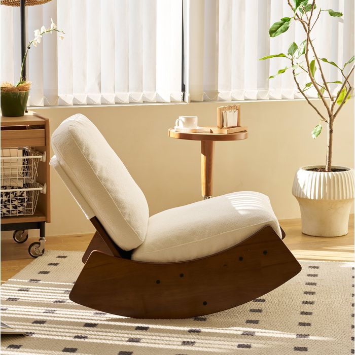 MEULVA Fauteuil à bascule 1 place en bois massif et tissu velours côtelé blanc pour salon ou chambre