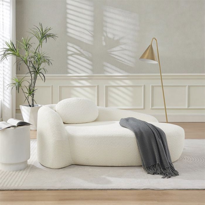 Canapé méridienne tissu bouclette - 170x96x62cm - Banquette lounge arrondie avec coussin mousse haute densité - Beige