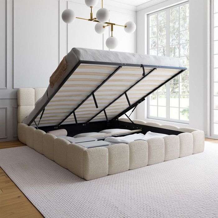 IDMARKET Lit coffre double NUAGE avec tête de lit matelassée et sommier 180 x 200 cm bouclette blanc