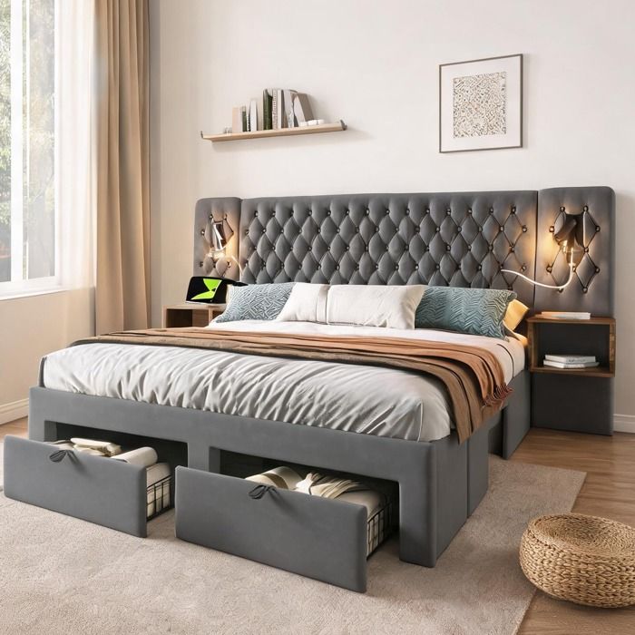Ensemble complet lit 180×200 cm velours soft gray avec chevets tiroirs et liseuses USB