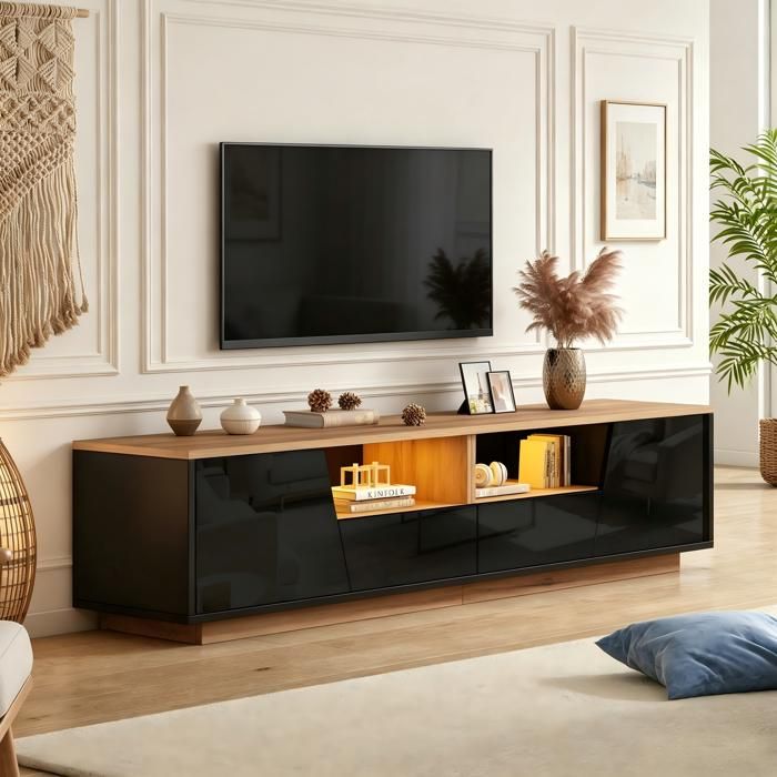 Meuble TV haut brillant avec éclairage LED 180×40×46 cm meuble bas pour salon équipé de 2 tiroirs et détagères ouvertes noir