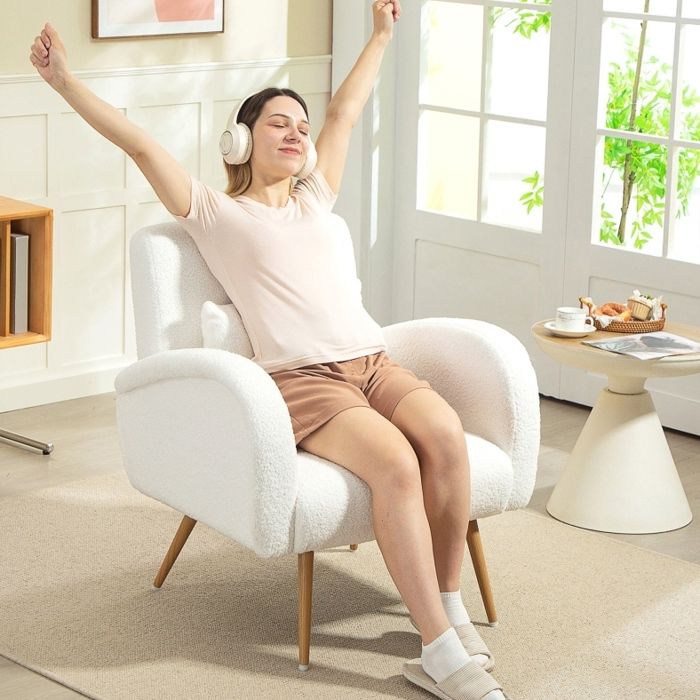 Fauteuil 1 Place Polaire Blanc Crème Siège Lecture Moderne FloraGrace Pour Salon Avec Coussin Lombaire 77x77x83cm