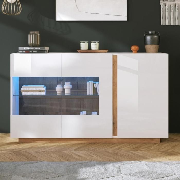 Buffet - KOMHTOM - 138x38x90.5 cm - Blanc brillant - 3 portes (1 vitrée) - LED RGB intégré Buffet - KOMHTOM - 138x38x90.5 cm - Blanc brillant - 3 portes (1 vitrée) - LED RGB intégré