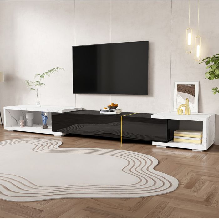VUENOR meuble TV extensible rotatif 140-260 x 40 x 30 cm noir et blanc effet marbre