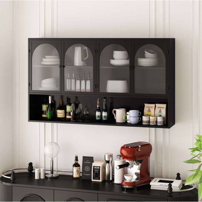 ULEVR armoire murale 120 x 23 x 70 cm à 4 portes en verre gris et métal noir pour cuisine salon ou salle de bain