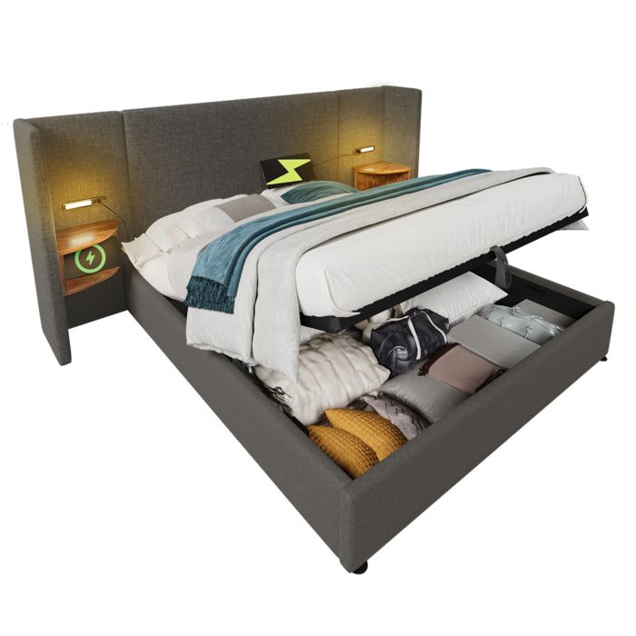 ELVORIN sommier coffre 160 x 200 cm gris en lin avec lampes de lecture ports USB et USB-C étagères latérales sans matelas