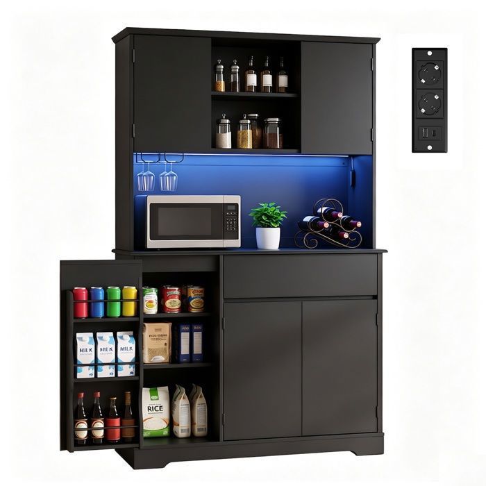 Buffet Haut Cuisine - Bealife - 5 Portes - 1 Tiroir - 3 Niches - Étagère Réglable - Armoire Hauteur 170 cm - Meuble Rangement Noir