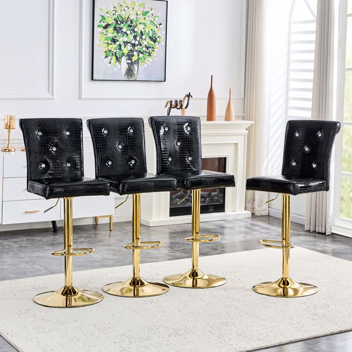 4 tabourets de bar à levage vintage similicuir effet crocodile noir et boucle en cristal