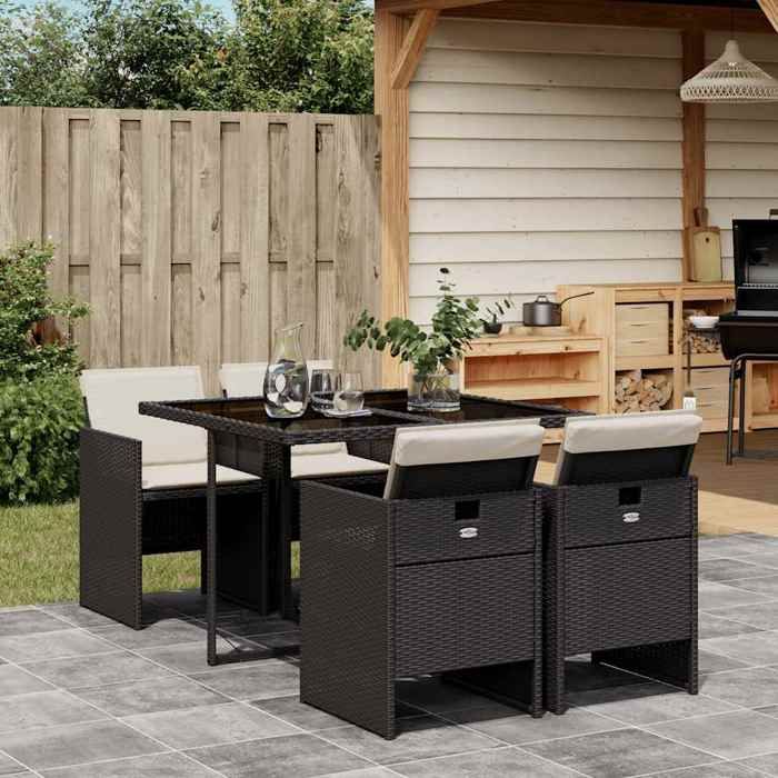 vidaXL Ensemble repas de jardin 5 pièces noir en résine tressée avec coussins chaises cube charge 110 kg/siège