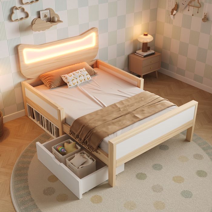 Lit enfant 90x190 cm avec sommier à lattes structure de lit 1 place LED RGB tiroir réversible barrière blanc/chêne