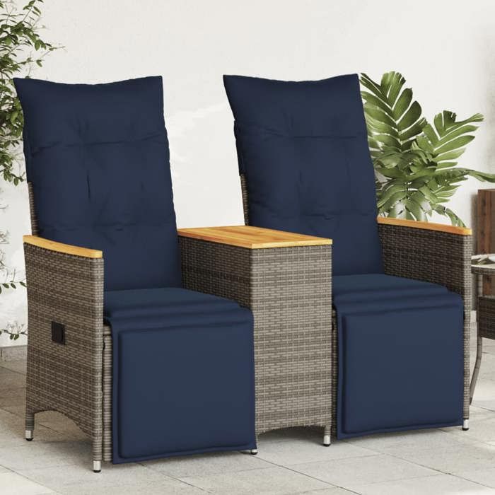 Gris Canapé de jardin inclinable 2 places avec Table en résine tressée grise - Siège de balcon LV64580