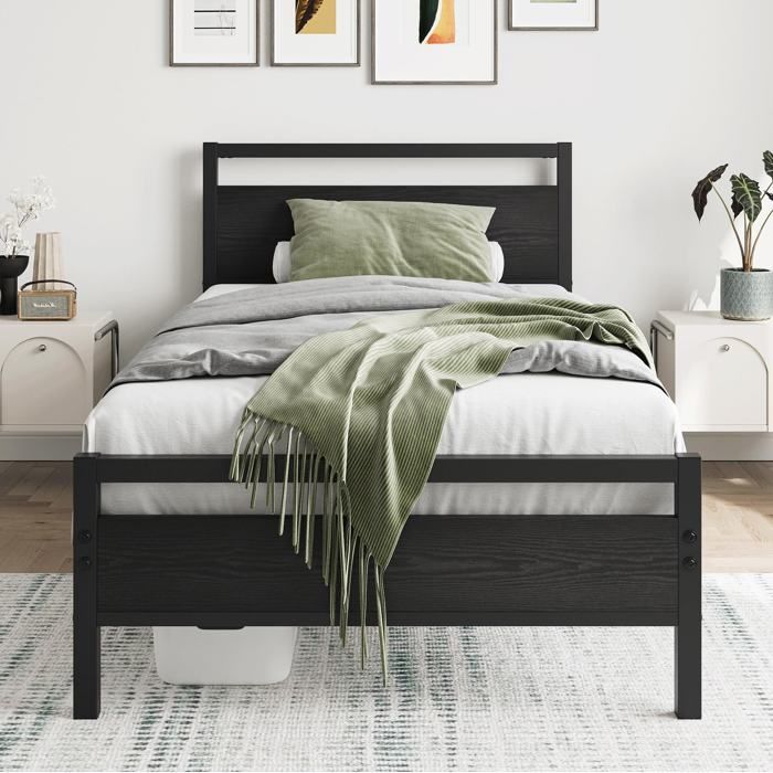 Lit simple 90x200 cm AESVAR en métal et MDF noir sommier à lattes inclus avec rangement sous le lit