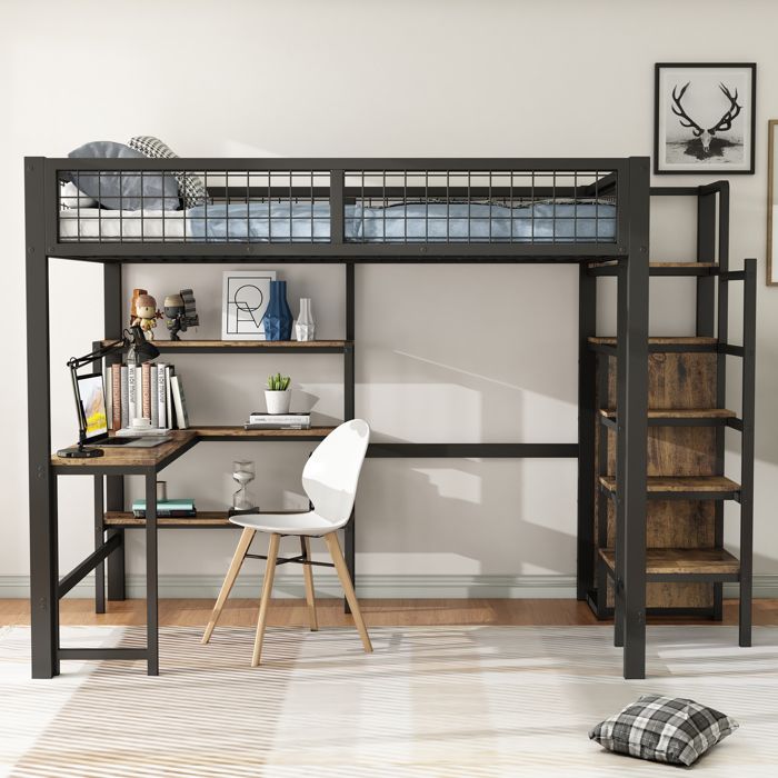 Lit mezzanine 140x200 métal noir avec bureau armoire et étagères. Lit surélevé 2 places adulte multifonction