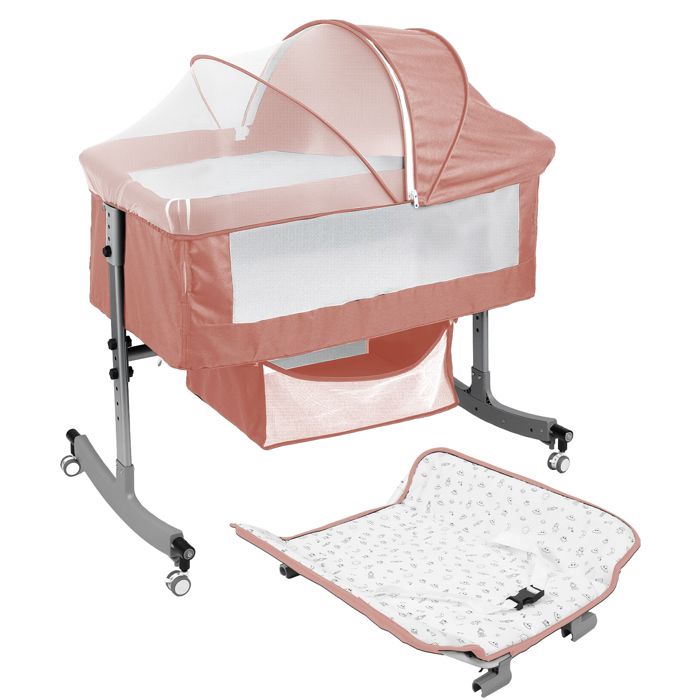 Lit Bébé Berceau Cododo 4 en 1 table à langer réglable en hauteur panier et moustiquaire roulettes silencieuses rose 100x60x110cm