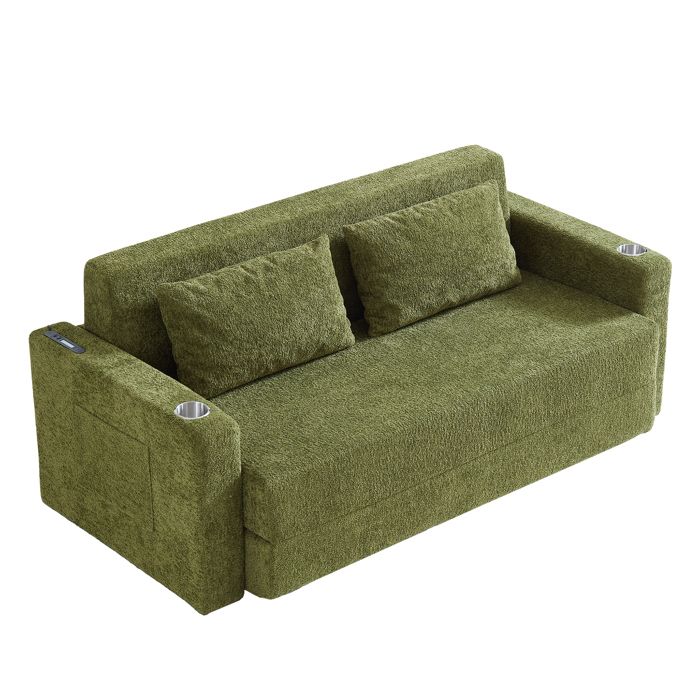 Canapé convertible 2 places - ZEVKOR - 2-en-1 - Velours vert - USB & porte-gobelets - Matelas 15 cm