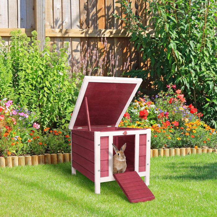 Clapier en bois extérieur - 42 x 51 x 43 cm - Porte transformable en rampe - Toit bitumé ouvrable - Pour petits rongeurs