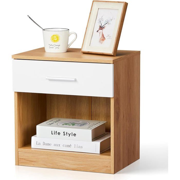 Table de chevet 1 tiroir finition chêne blanc compartiment ouvert 39 x 29 x 41 cm panneau particules table appoint nuit