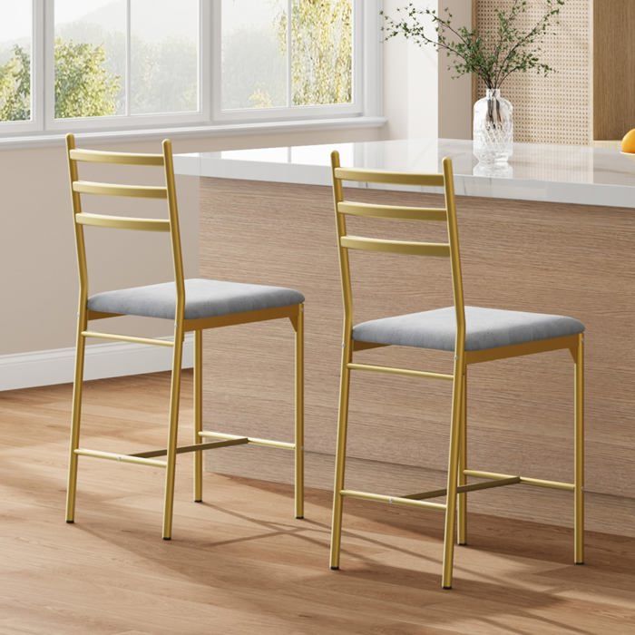 JOLLYTOP Lot de 2 Tabourets de bar rétro chic hauteur comptoir 56 cm - Dossier + repose-pieds - Assise épaisse en similicuir - Gold