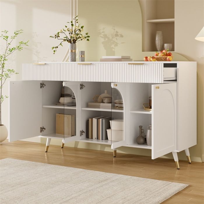 Buffet 140 x 40 x 85 5 cm - Meuble bas avec 4 portes en acrylique 3 tiroirs et pieds en bois - Blanc Buffet 140 x 40 x 85 5 cm - Meuble bas avec 4 portes en acrylique 3 tiroirs et pieds en bois - Blanc