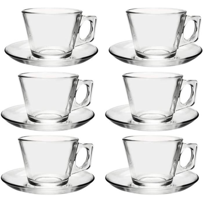 Pasabahce Aqua Service 6 Tasses à Café Avec Soucoupes En Verre Transparent