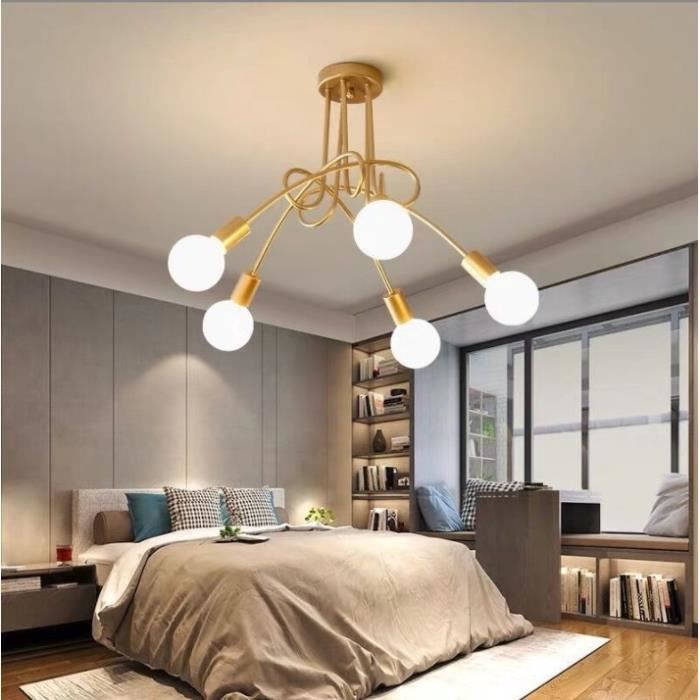 MOGOD Vintage 5 Têtes Plafonnier Luminaire en Fer Forgé Doré Industriel Décoration Salle à Manger Couloir