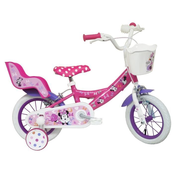 Vélo enfant 12'' MINNIE / DISNEY (Taille de l'enfant < 95 cm) équipé de 2 FREINS, panier avant, porte poupée et PNEUS GONFLABLES !