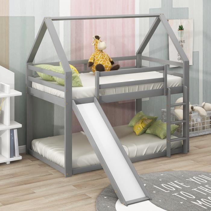 Lit superposé LBF - lit enfant avec toboggan et échelle - 2x90x200 cm - Gris - avec barrière de sécurité