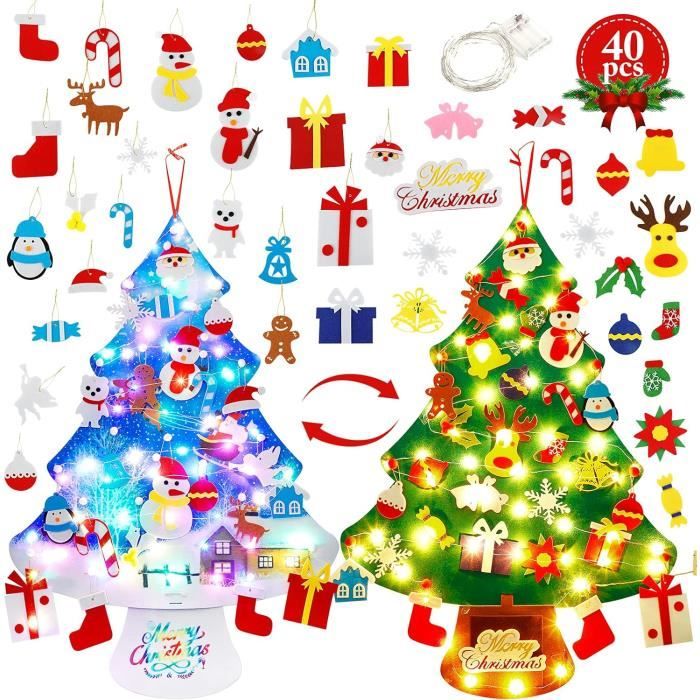 Sapin De Noël En Feutrine Herenear 100 Cm - Avec Guirlande Lumineuse Et 42 Décorations Amovibles, Déco Murale Ou Porte