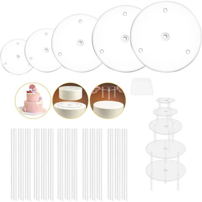 Kit Supports Pour Gâteaux Étagés - 18 Goujons + 3 Plateaux Ronds Réutilisables Pour Pâtisserie
