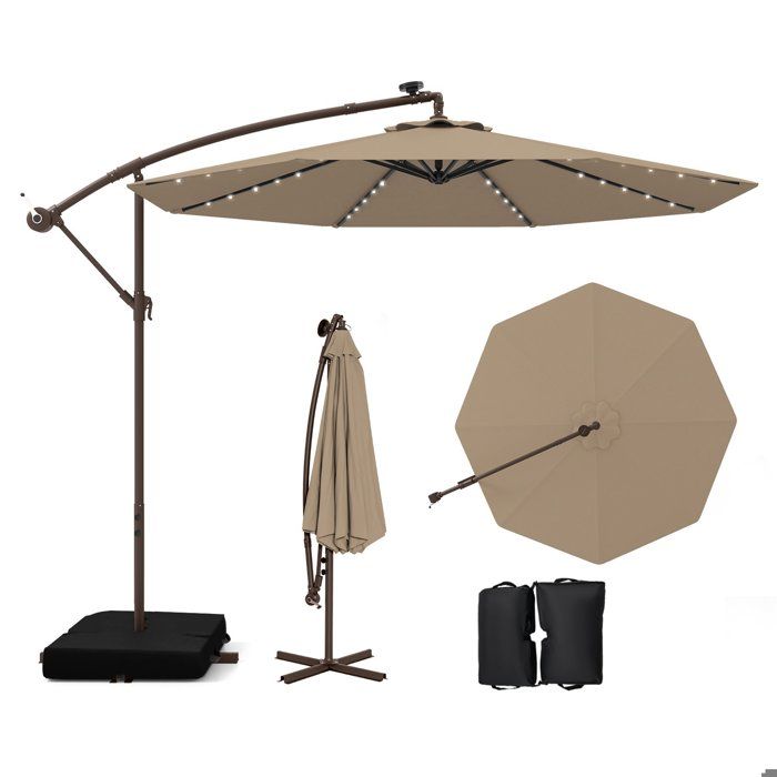 COSTWAY Parasol Déporté 3M avec 40 Lumières LED Panneau Solaire 6 HeuresBase Croisée Sac de Sable Tissu en Polyester UV 20+ Marron