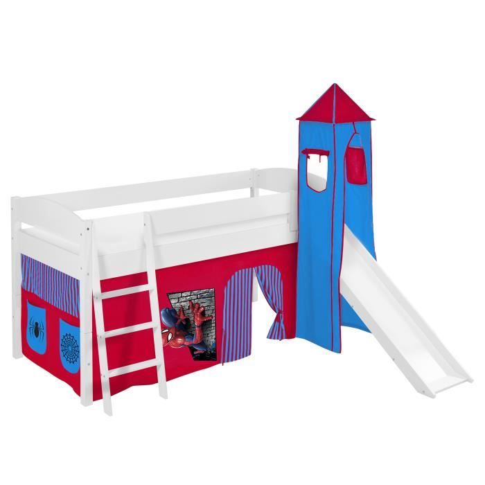 Lit surélevé ludique/évolutif IDA 4105 Spiderman2 - avec rideaux toboggan et tour - LILOKIDS - blanc laqué