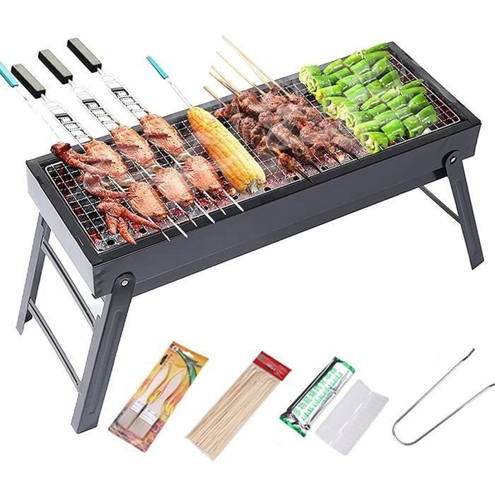 Barbecue à Charbon Pliable Portable Inox - Grand Grill Sur Pied Avec Étagères, Grille Et Plaque Pour 5-10 Personnes