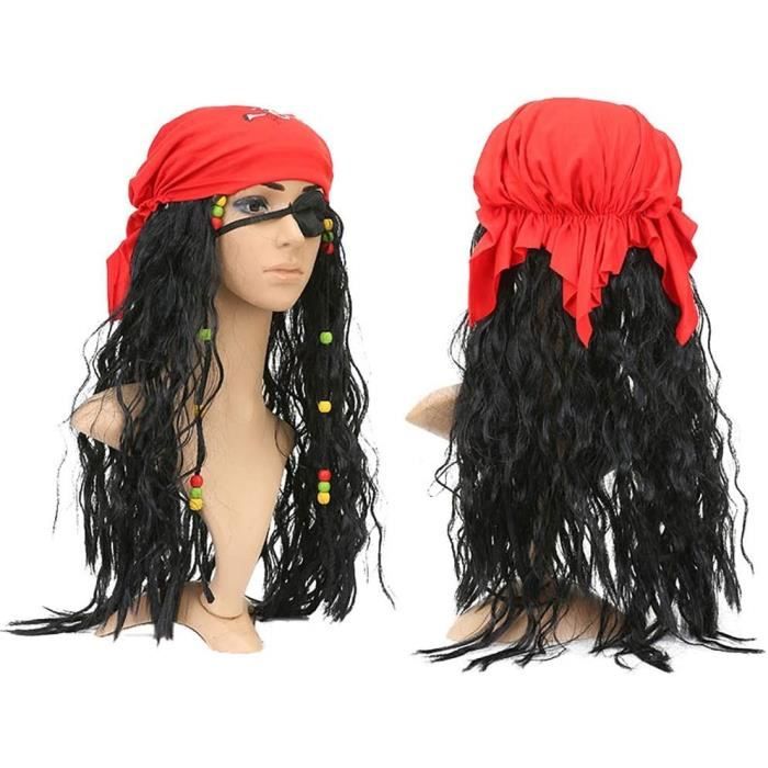 Noir Longue Pirates Perruque Avec Rouge Foulard Carnaval Accessoires pour Adulte 