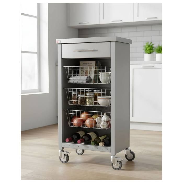 Chariot de cuisine à roulettes CHELSEA Plan inox 3 paniers tiroir et casier à bouteilles DON HIERRO. Gris Chariot de cuisine à roulettes CHELSEA Plan inox 3 paniers tiroir et casier à bouteilles DON HIERRO. Gris