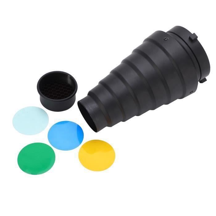 Snoot Conique Pour Flash – Avec Grille & 5 Filtres Couleur – Compatible Monture Bowens – Pour Photo Studio
