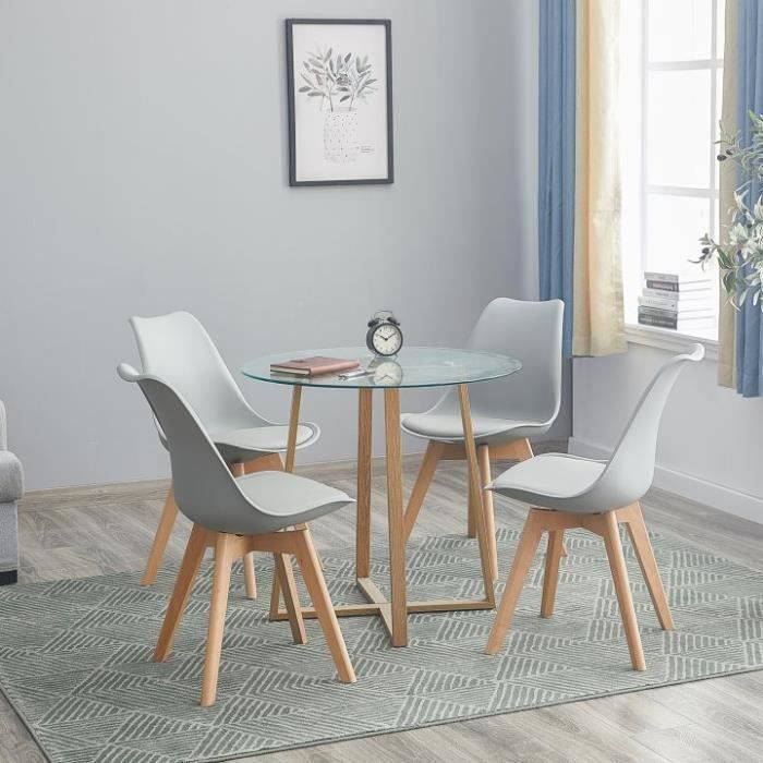 H J Wedoo Table A Manger Ronde Transparente Scandinave F80 75cm Et 4 Chaises Gris 46x 43 X Cm Cdiscount Maison