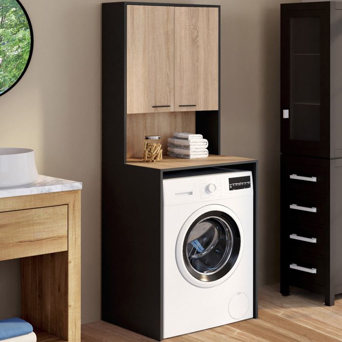 IDMARKET Meuble dessus de machine à laver WALLIS avec placard noir et bois façon hêtre IDMARKET Meuble dessus de machine à laver WALLIS avec placard noir et bois façon hêtre