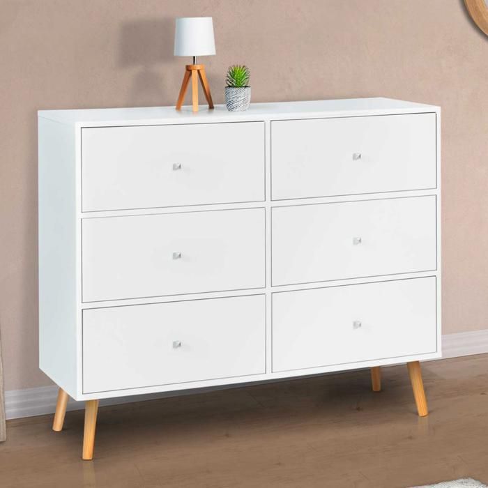 IDMarket Commode TOMI 6 Tiroirs - 110x40x80cm - Bois Blanc - Rangement Chambre Bureau - Plateau Large