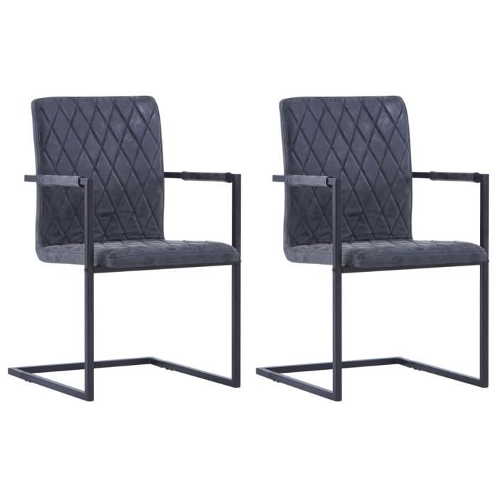 Lot De 2 Chaises Cantilever Modernes - Microfibre Anthracite Vintage, Piétement Carré Noir Mat, Dossier Ergonomique Confortable