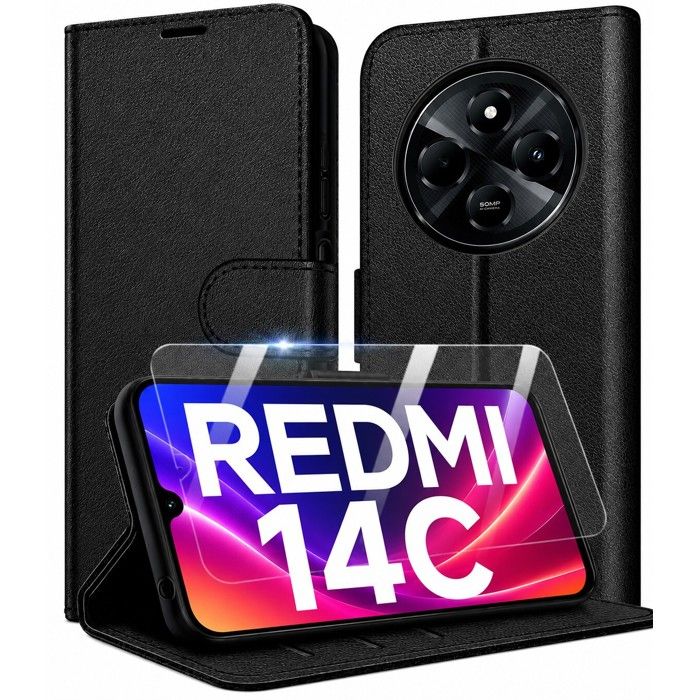 Coque Portefeuille + Verre Trempé Anti-espion Pour Xiaomi Redmi - Noir, Cuir Synthétique