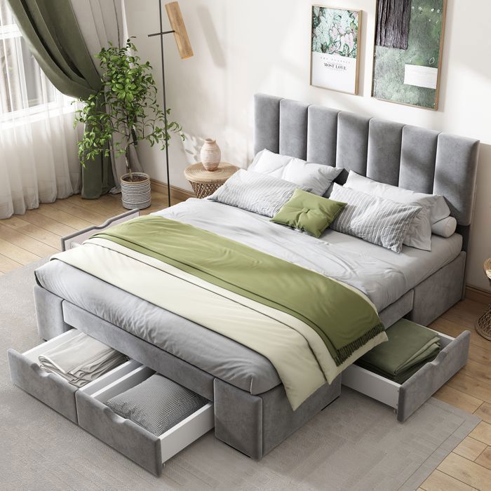 Merax Lit capitonné double 140x200cm avec 4 tiroirr en velours Sommier à lattes inclus Sans matelas pour adulte ou enfant Gris