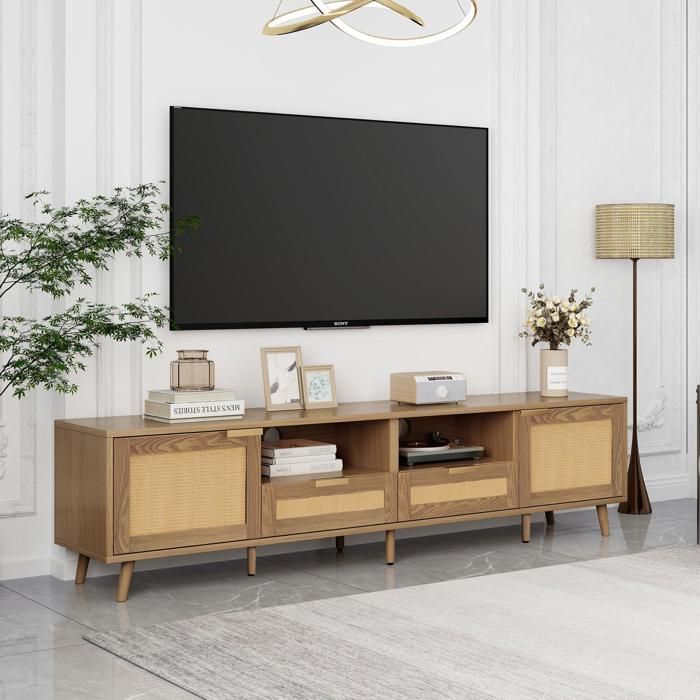 Meuble TV 200 cm en rotin Style campagnard Banc tv en bois 2 portes 2 tiroirs 2 compartiments pour salon ou pour la chambre Brun