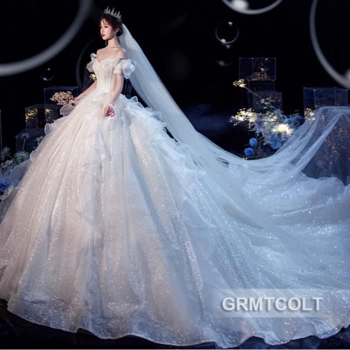 Robe de mari?�e en tulle avec col bateau - GRMTCOLT - Brillantes - Princesse - Train de chapelle 
